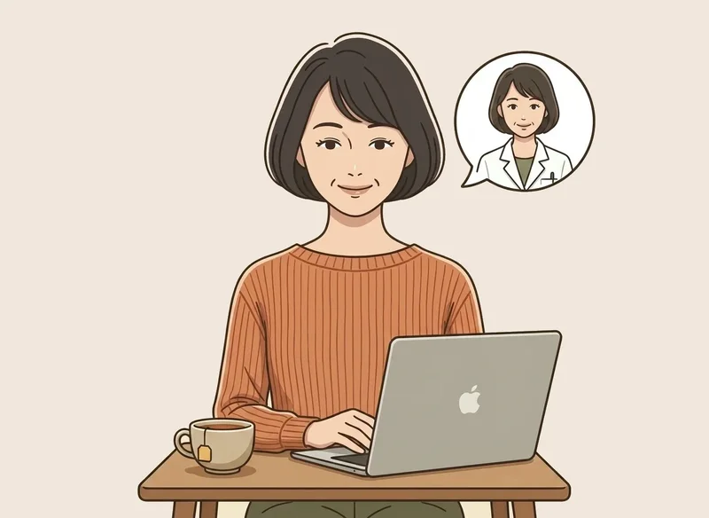 ノートパソコンで薬剤師とビデオ通話をする女性