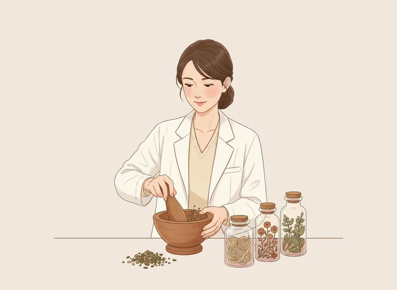 生薬を選び調合する女性薬剤師