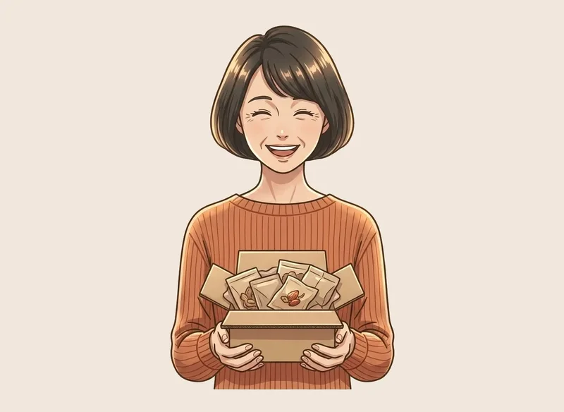 分包された漢方の小包を受け取り開ける女性