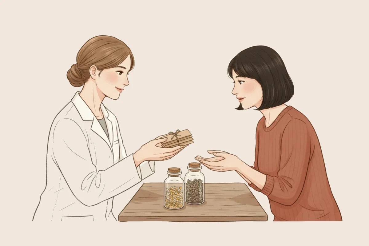 薬剤師が対話しながら分包した漢方を手渡す様子